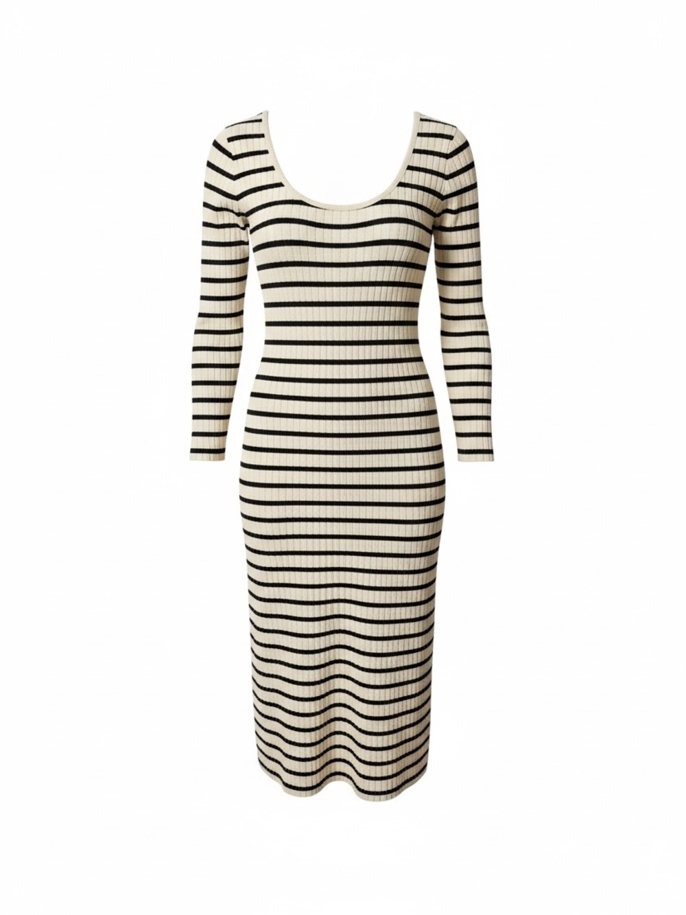 Universal Thread Striped Cream and Black Ribbed Long-Sleeve Midi Dress